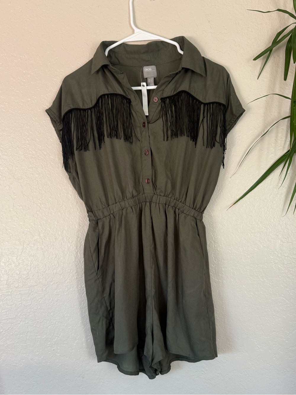 Olive Green Western Tassel Playsuit with Tassels and Contrast Piping